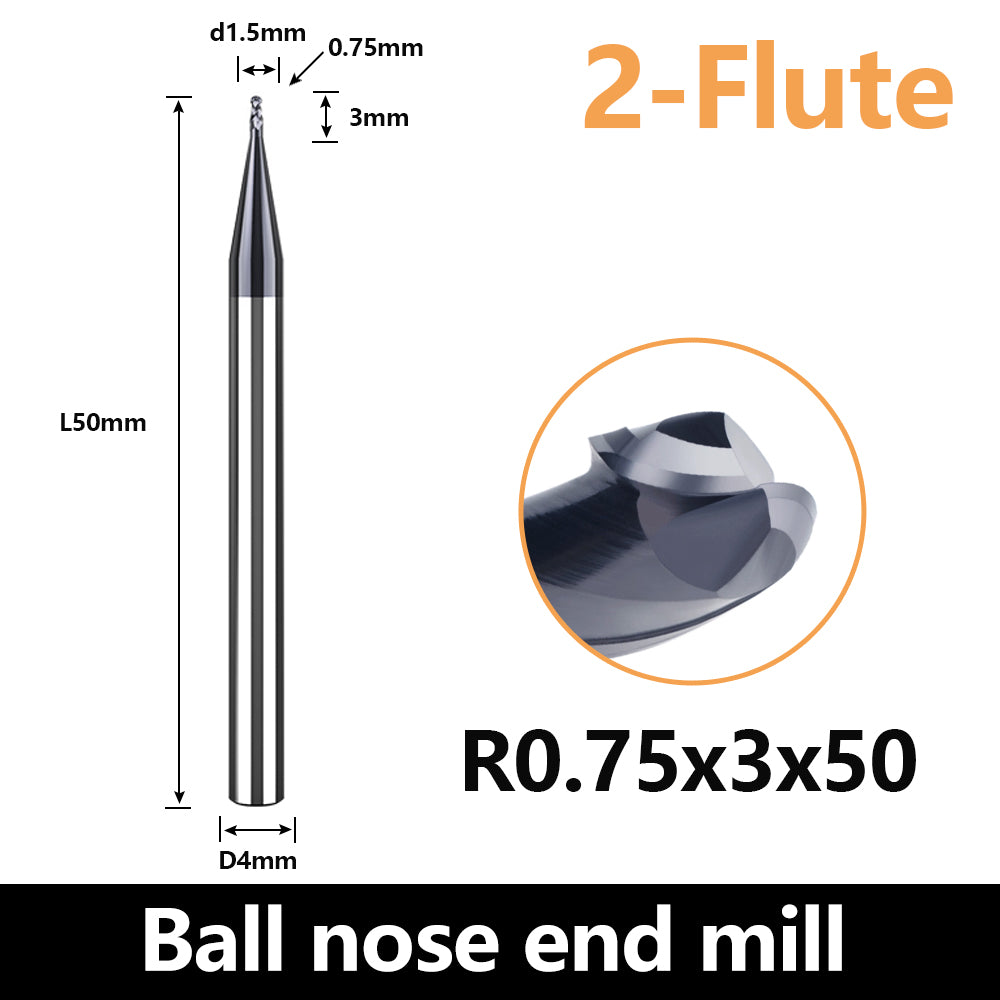HRC60 Carbide Ball Nose End Mills-2 Flute TISIN Coated,For Milling Alloy Steels, Hardened Steel, Metal etc.size R0.75x50mm