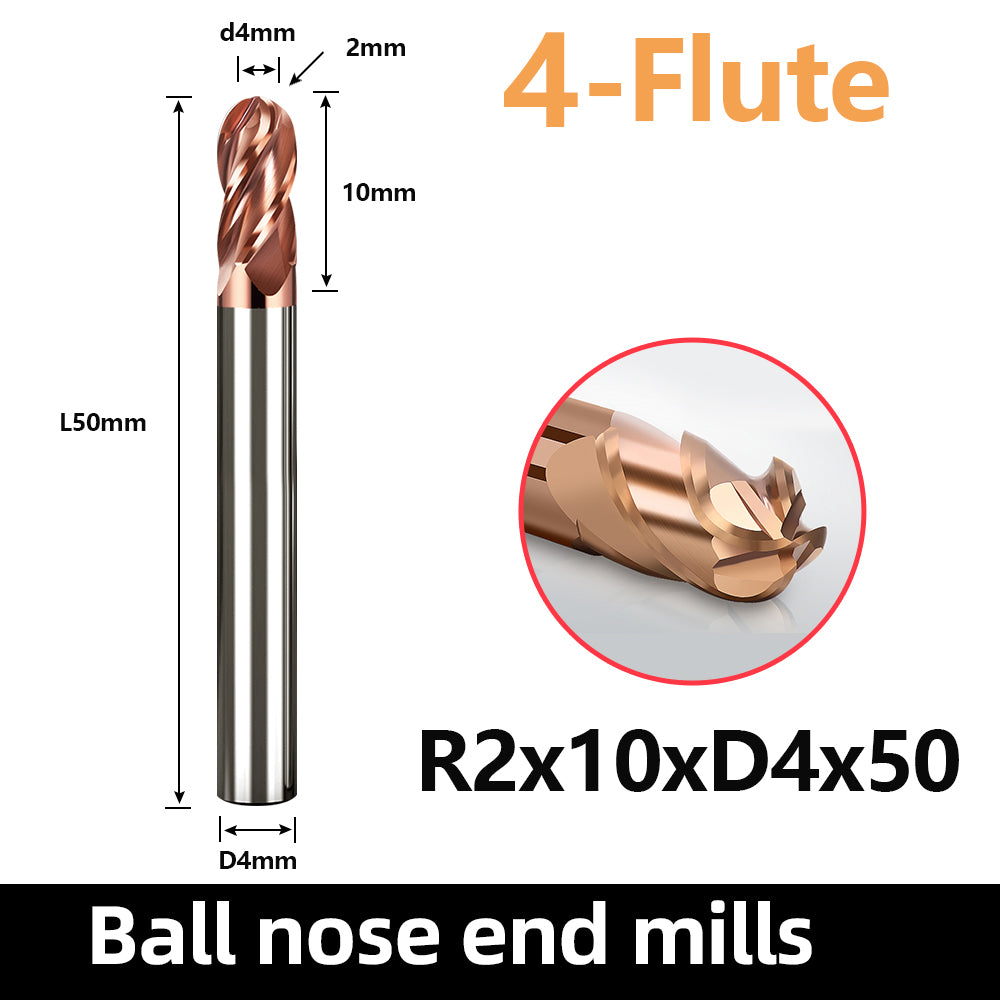 Solid carbide ball nose end mill HRC55, 4 flutes,R0.75-R6,CNC cutting tool for cast iron and general steel