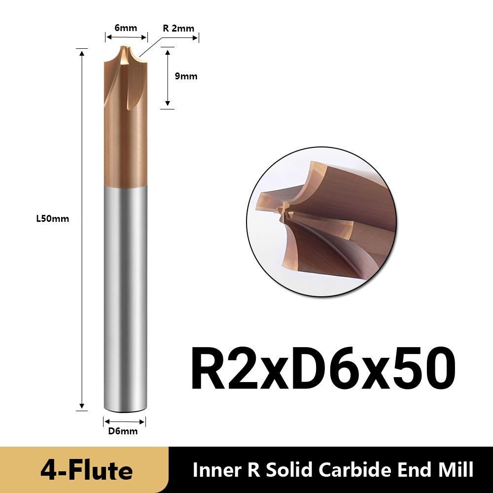 Carbide Radius Corner Rounding Inner R End Mills 4 Flute TiSiN Coated,for Milling Alloy Steels,Hardened Steel, Metal. (R2*9*D6*50L*4F)